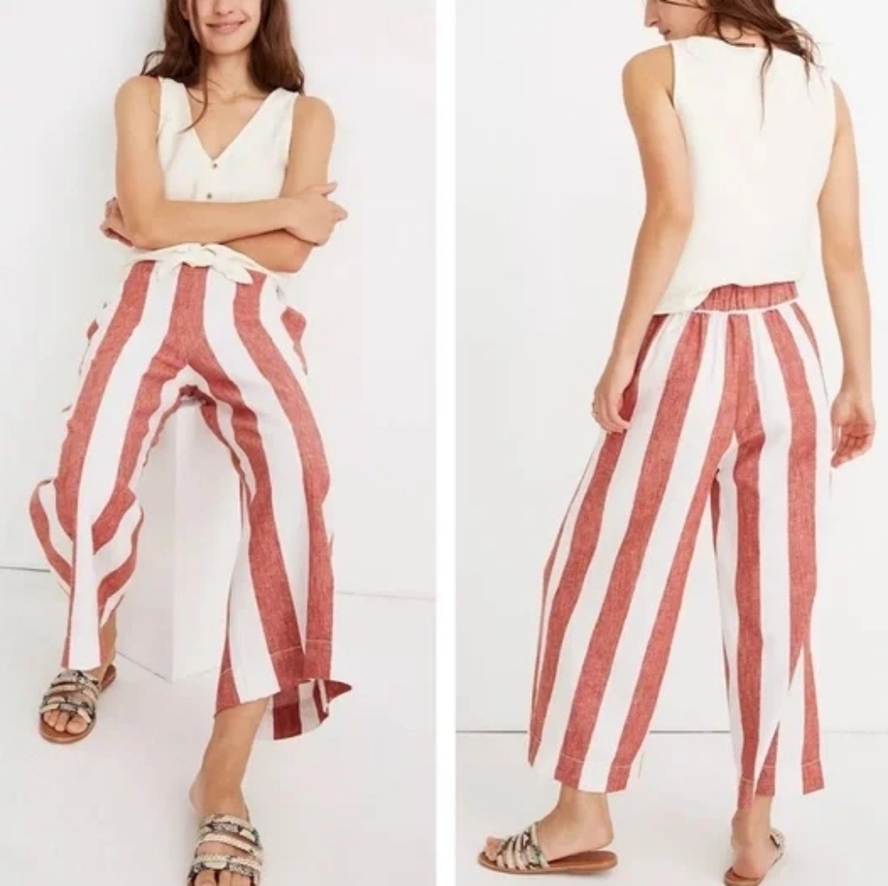MADEWELL Huston Pull-On Crop Pants Wide Leg Linen Blend Bold Stripe Culouttes